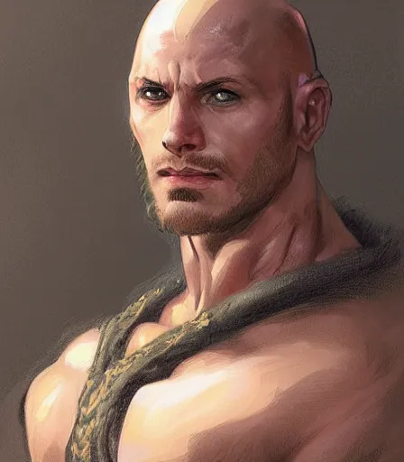 Prompt: unattractive, bald and unsympathetic Human_fighter!, full_body!, dungeons and dragons portrait, highly detailed, digital painting, artstation, concept art, sharp focus, illustration, art by artgerm and greg rutkowski and alphonse mucha