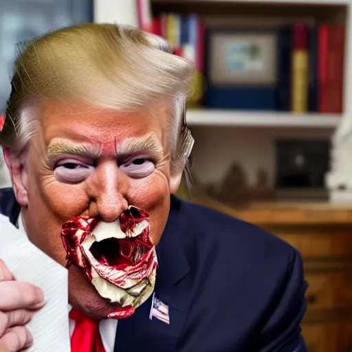 Image similar to candid portrait photo of president trump at his desk eating crumpled up papers shoving them in his mouth, detailed portrait, 4 k, megapixel, sony a 7 s, f / 8, 2 4 mm lens