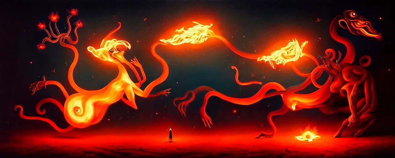 Image similar to whimsical fiery alchemical creatures, surreal dark uncanny painting by ronny khalil