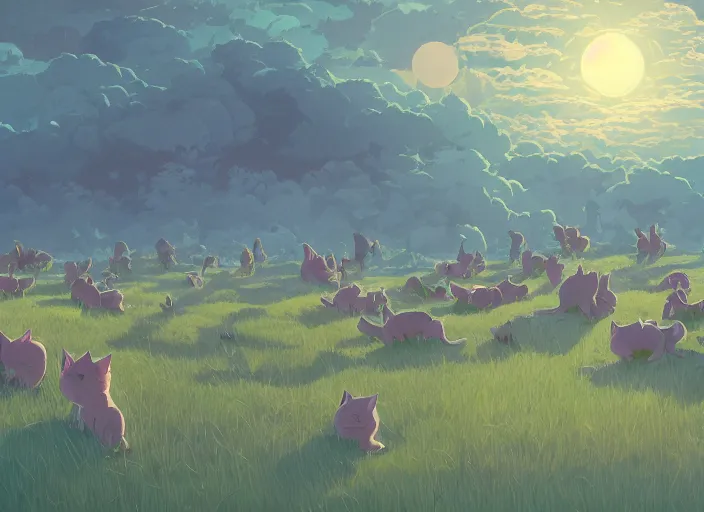 Image similar to concept art of a field of millions of kittens, cel shaded, in the style of makoto shinkai and moebius and peter mohrbacher and anton fadeev