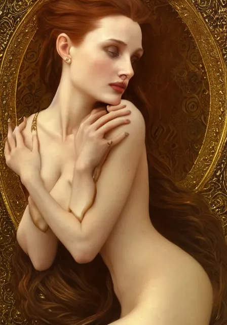 Prompt: sansa angeline jolie gessica chastain in gold, intricate, elegant, highly detailed, digital painting, artstation, concept art, smooth, sharp focus, illustration, art by artgerm and greg rutkowski and alphonse mucha and william - adolphe bouguereau