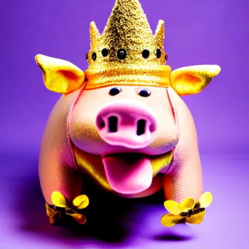 Image similar to studio photograph of a pig wearing a gold crown depicted as a muppet fighting stance