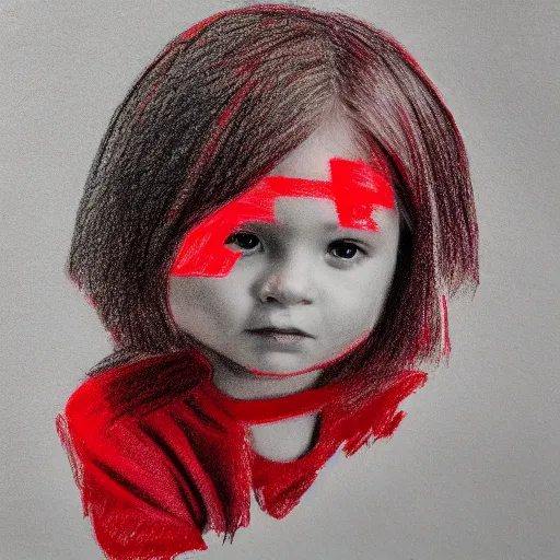 Prompt: Drawing by a three year old in crayon, unreal engine octane, red and white, portrait, gliter, depth of field, 8k, hyper detailed