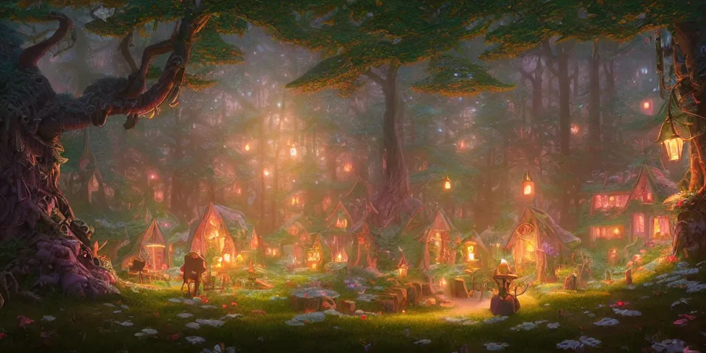 Prompt: small woodland village of elves, magical lights, extremely detailed, sharp focus, wide view, full body shot, smooth, digital illustration, by, james jean, by rossdraws, frank franzzeta, sakimichan, jeremy lipking