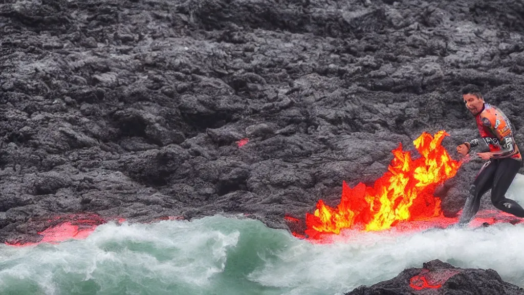 Image similar to person wearing a sponsored team jersey with logos surfing down a river of lava on the side of a volcano on surfboard, action shot, dystopian, thick black smoke and fire, sharp focus