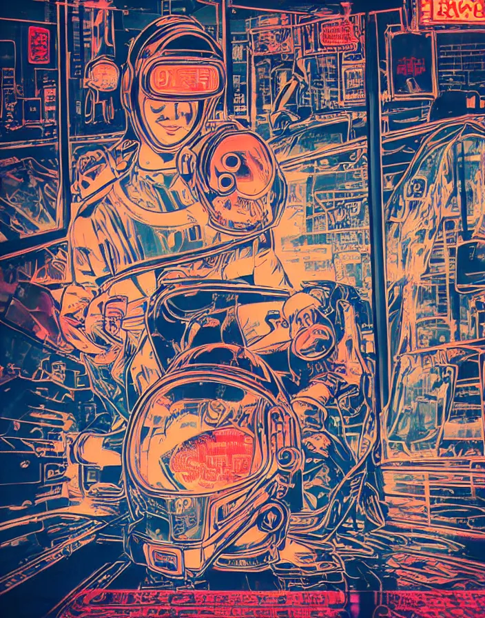 Prompt: hologram asian girl, engine part face, space helmet and suit from motor parts, sitting on pilot seat, inside Tokyo subway alley, neon signs, glass reflections on top, osaka skyline background, low contrat, chinese revolution woodcut style