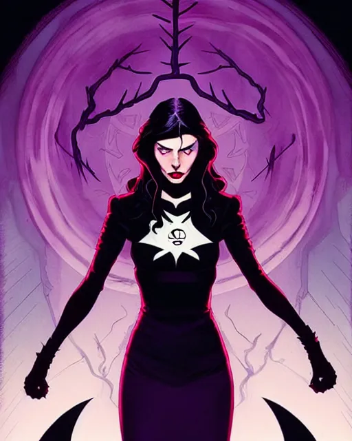 Prompt: Rafael Albuquerque comic cover art, artgerm, Joshua Middleton, pretty Stella Maeve witch doing black magic, serious look, purple dress, symmetrical eyes, symmetrical face, long black hair, full body, dark forest, cool colors