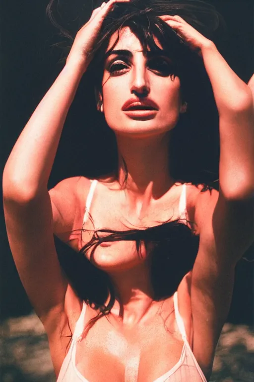 Image similar to penelope cruz, photo, portrait, mid - shot, 3 5 mm, kodak gold 2 0 0, warm lightning, lomography