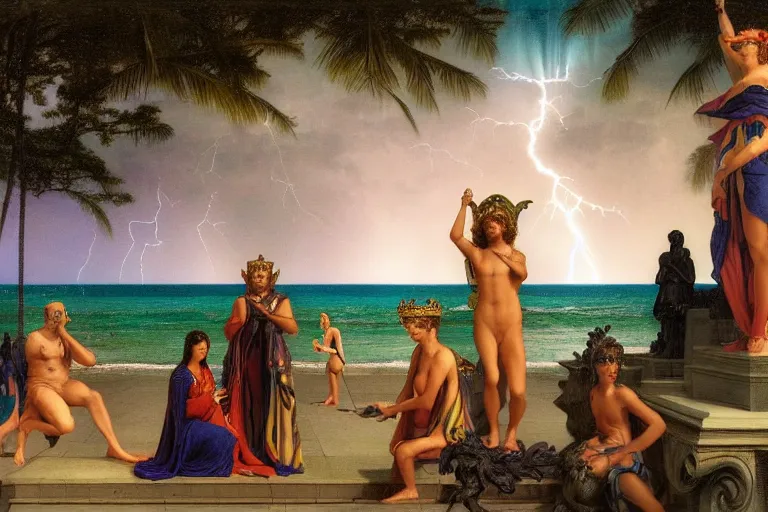 Prompt: Occult statues on front of balustrade and palace columns, refracted lightnings on the ocean, thunderstorm, tarot cards characters, beach and Tropical vegetation on the background major arcana sky and occult symbols, by paul delaroche, hyperrealistic 4k uhd, award-winning, very detailed paradise