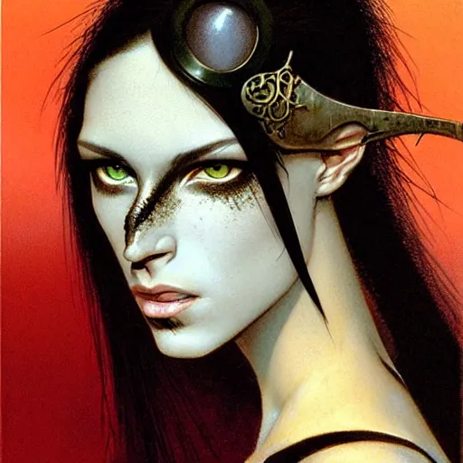 Prompt: an award finning closeup facial portrait by angus mcbride, luis royo and john howe of a very beautiful and attractive bohemian cyberpunk adventurer with green eyes and her face full of freckles looking in a challenging and seductive way straight at the camera, clothed in excessively fashionable haute couture musicians gear and wearing vibrant and ornate half - face makeup