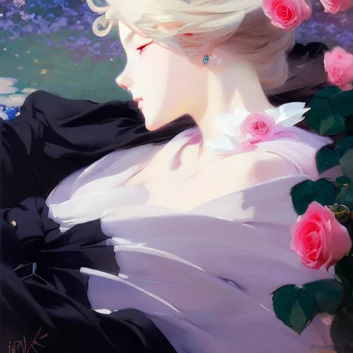 Image similar to beautiful rose anime white - hair girl in elegent black dress, laying on roses, krenz cushart, mucha, ghibli, by joaquin sorolla rhads leyendecker, by ohara koson