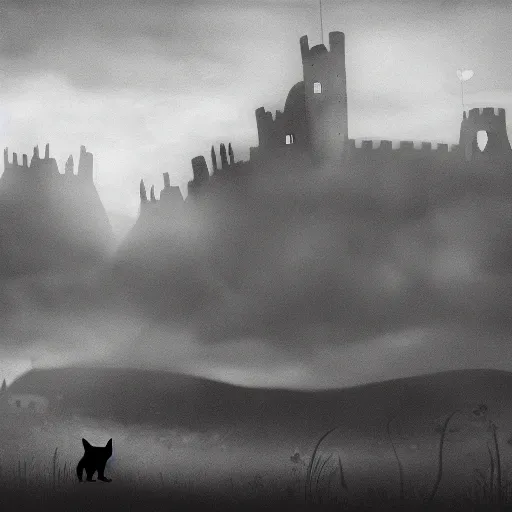 Image similar to a dark vallcy with a huge gloomy castle, fog. a little boy and a black cat