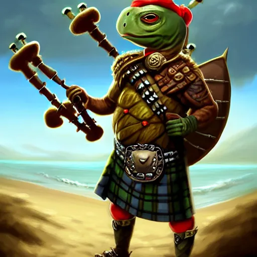 Prompt: an anthropomorphic turtle, wearing a kilt, wearing a patch over one eye, playing a bagpipe-music-instrument, walking up the sandy beach, DnD character art portrait, matte fantasy painting, DeviantArt Artstation, by Jason Felix by Steve Argyle by Tyler Jacobson by Peter Mohrbacher, cinematic lighting