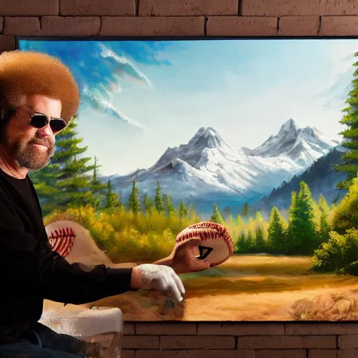 Image similar to a closeup photorealistic photograph of bob ross crafting an image of kenny powers autographing a baseball, painting on a canvas. mountains and trees. film still. brightly lit scene. this 4 k hd image is trending on artstation, featured on behance, well - rendered, extra crisp, features intricate detail, epic composition and the style of unreal engine.