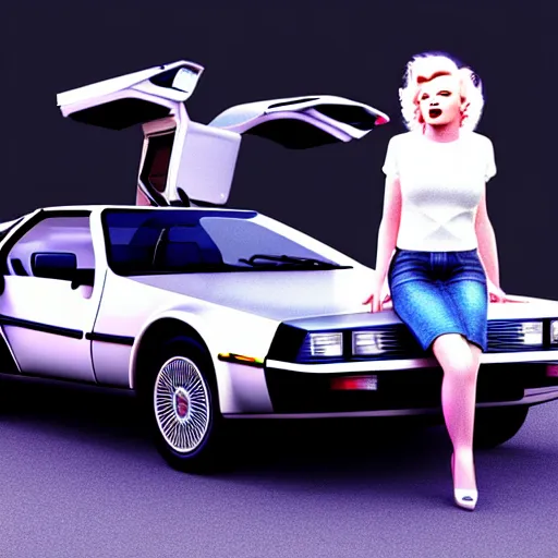 Image similar to portrait of marty mcfly and marilyn monroe next to a delorean dmc - 1 2, digital art, artstation, high detail, 4 k, sharp focus