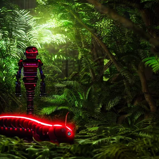 Image similar to robot snake in the middle of the jungle spying enemy country, red glowing eyes, dense jungle, middle of night, hd, uhd, 8 k, octane render