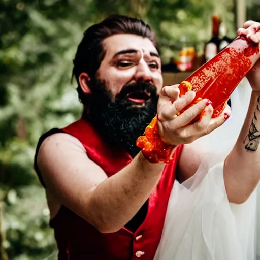 Image similar to evil bearded man in wedding dress attacking with a bottle of sriracha