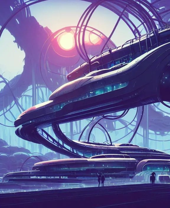 Image similar to simplicity, a roller coaster made out of simple weird organic creatures, in the style of a streamlined asymmetrical spaceship, bleak apocalyptic environment, by dan mumford, yusuke murata, makoto shinkai, ross tran, cinematic, unreal engine, cel shaded, featured on artstation, pixiv