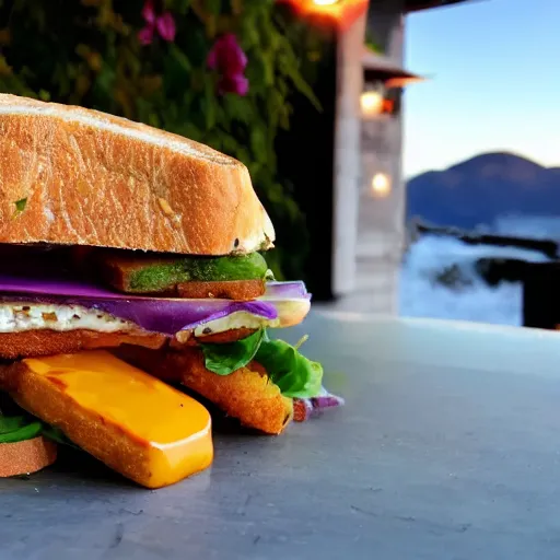 Prompt: sandwich with fried tofu, also one tomato slice, two onion rings, avocado and cheddar, over a dish and over a table, outside with a sunset and rainbow in the background with saturn and stars in the sky