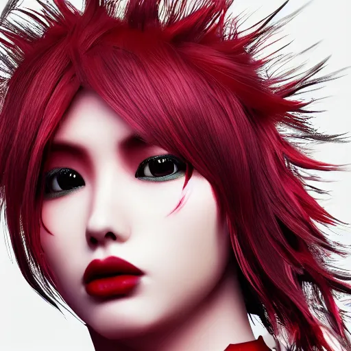 Prompt: japanese model with maximalist hair style and makeup, bright colors, fashion model, unreal engine octane, red and white, portrait, gliter, depth of field, 8 k, hyper detailed, intricate, trending on artstation