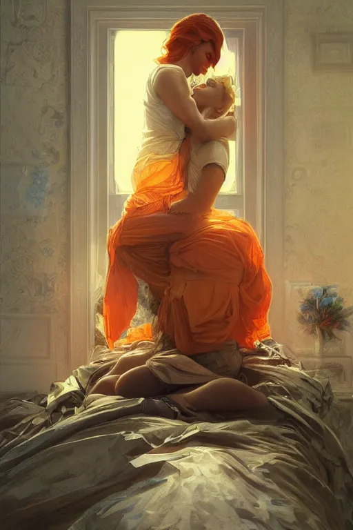 Image similar to portrait of a man in tin - foil hat and orange t - shirt hugging his wife in a bed, feelings, romantic, fantasy, intricate, elegant, highly detailed, digital painting, artstation, concept art, smooth, sharp focus, illustration, art by artgerm and greg rutkowski and alphonse mucha