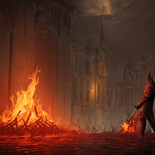 Prompt: soul of cinder boss from dark souls 3 standing in middle of a street, looking at a camp fire, evening time, heavy rain, rain water reflections in ground, digital illustration, crisp details, highly detailed art, 8k image quality, full body camera shot