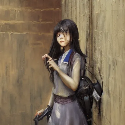 Image similar to a perfect, realistic professional oil painting in romanticism style, of a Japanese schoolgirl posing in a dystopian alleyway, close-up, by a professional American senior artist on ArtStation, a high-quality hollywood-style concept