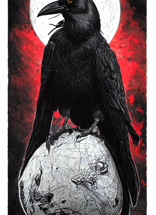 Image similar to portrait, A crow in front of the full big moon, book cover, red white and black colors, establishing shot, extremly high detail, foto realistic, cinematic lighting, pen and ink, intricate line drawings, by Yoshitaka Amano, Ruan Jia, Kentaro Miura, Artgerm, post processed, concept art, artstation, matte painting, style by eddie mendoza, raphael lacoste, alex ross