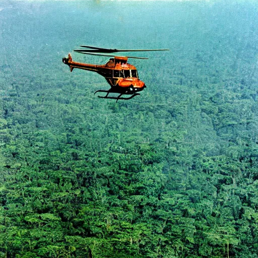 Image similar to american helicopter flying over the jungles of vietnam 1 9 7 0 s, 8 k detail