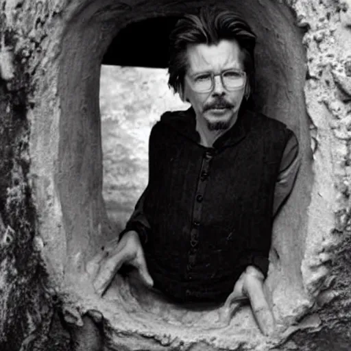 Image similar to an old worn photo of gary oldman emerging from his stone tomb