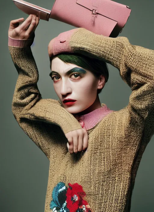 Image similar to a beautiful girl in a gucci sweater is creating a new city photographed by maurizio cattelan and pierpaolo ferrari with the art direction of micol talso for toiletpaper magazine