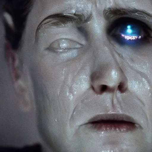 Image similar to movie still of a crying cyborg, cinematic composition, cinematic light, by edgar wright and david lynch,
