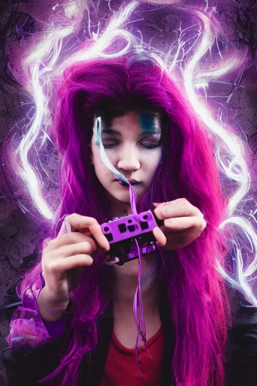 Image similar to young teen with purple tentacled hair, with red flames dancing on her hands with a long jacket in a cyberpunk city, realistic, high definition, 4K, shimmering color, digital art, Instagram filters, Photoshop, Adobe Lightroom, Adobe After Effects, taken with polaroid kodak portra