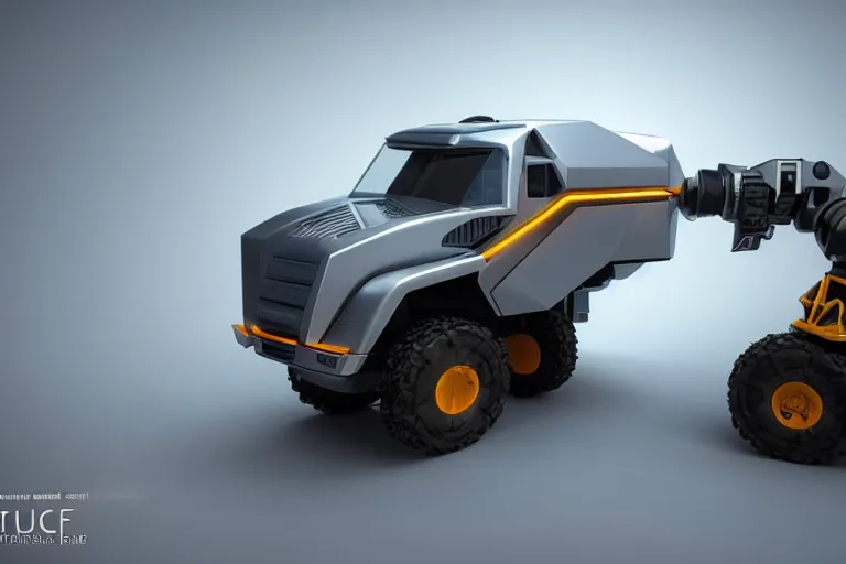 Image similar to still photo of a futuristic remote control truck, highly detailed, photorealistic portrait, bright studio setting, studio lighting, crisp quality and light reflections, unreal engine 5 quality render