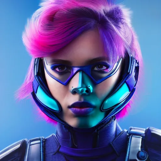 Image similar to a stunning upper body portrait of a beautiful young woman wearing futuristic navy blue and teal battle bodyarmor and pauldrons and ombre purple and pink hairstyle with hair blowing in the wind, by marvel comics, outrun, vaporware, highly detailed, fine detail, intricate, digital art, trending on artstation