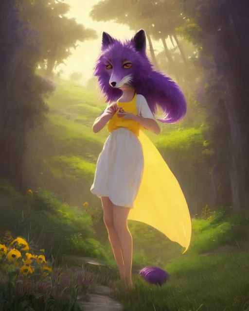 Image similar to an anthropomorphic fox girl with purple hair wearing a simple yellow sundress, she has a pronounced snout and two pointed black ears, beautiful lake background, illustration by greg rutkowski, thomas kindkade, loish, artstation, furaffinity, deviantart