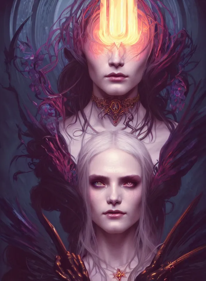 Image similar to Necromancer Sorceress face in center, fantasy magic, undercut hairstyle, dark light night, intricate, elegant, sharp focus, illustration, highly detailed, digital painting, concept art, matte, art by WLOP and Artgerm and Greg Rutkowski and Alphonse Mucha, masterpiece