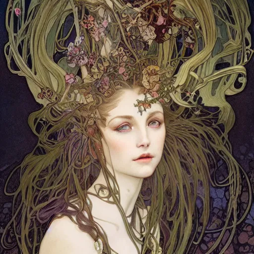 Prompt: realistic detailed face portrait of a beautiful young forest witch chimera with massive spiraling ram horns and ginko leaves in her hair by Alphonse Mucha, Ayami Kojima, Amano, Charlie Bowater, Karol Bak, Greg Hildebrandt, Jean Delville, and Mark Brooks, Art Nouveau, Neo-Gothic, gothic, rich deep moody colors