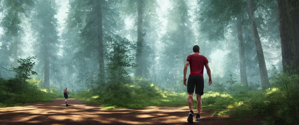 Prompt: a guy of athletic build runs through a forest with tall trees, a photo from the back, perspective, concept art, cgsociety, octane, render, trending on artstation, artstationHD, artstationHQ, unreal engine, 4k, 8k