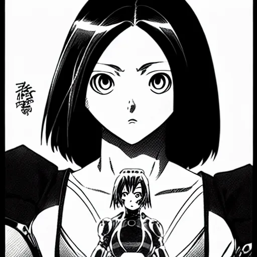 Image similar to alita by yukito kishiro. medium shot. black and white manga. pencil drawing.