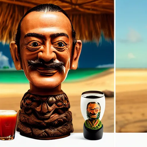 Image similar to a closeup photorealistic photograph of smiling salvador dali at trader vic's bar sitting next to a trader vic's style tiki mug featuring the face of salvador dali. tiki culture. bright scene. 4 k hd image that's trending on artstation, featured on behance, well rendered, extra crisp, features epic composition and the style of unreal engine.