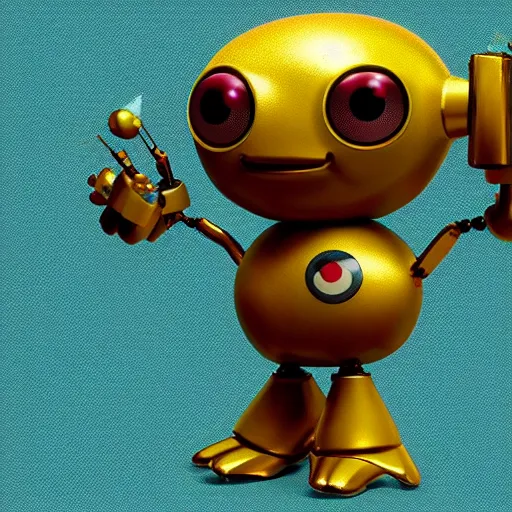 Image similar to a small chubby bot, colourful, smooth panelling, large gold eye intricate detail, style of cute pokemon, with damaged rusty arms, broken antenna, recycled, floating, white studio, oil, mechanical, cute toy, with an insect on its head, ambient light, in the style of pixar animation, pokedstudios, blender, octane render, 8 k,