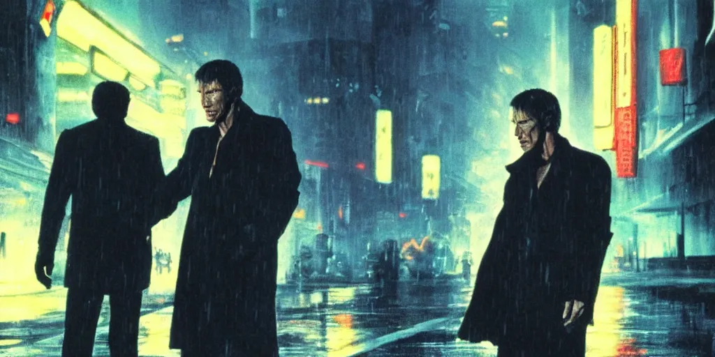 Image similar to duel, clint eastwood vs takeshi kitano in blade runner posing on a neon rainy vague street in headlights, movie shot, photo realism, detailed