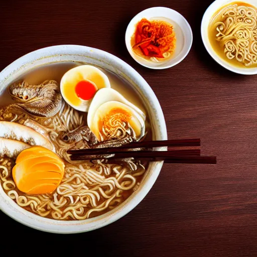 Prompt: dragon eating bowl of ramen in restaurant, traditional restaurant, wooden, candlelit, digital art