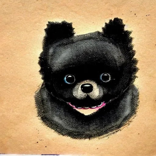 Prompt: a cute black robot pomeranian!!!. ( ( ( alcohol ink on parchment, muted colors, shading!!!, detailed, textured parchment background, 1 9 5 0 s concept art ) ) )