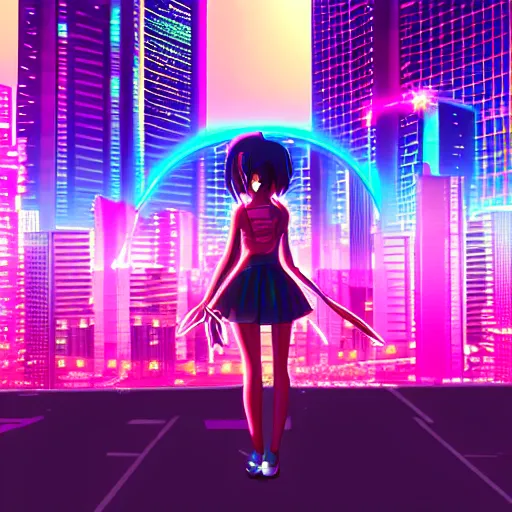 Image similar to anime girl in a synthwave city, center focus, neon tokyo, 4 k