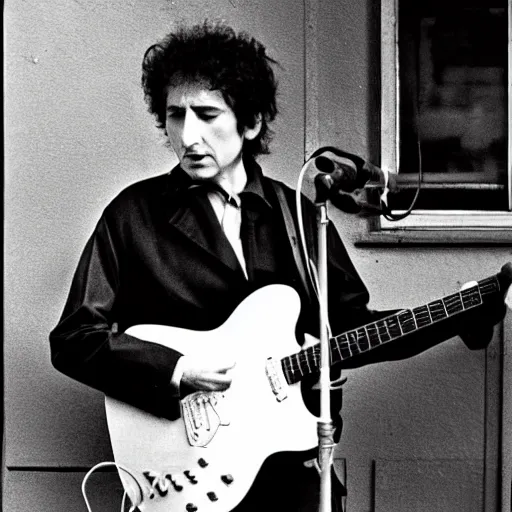 Prompt: bob dylan playing his guitar in wantage united kingdom, photograph
