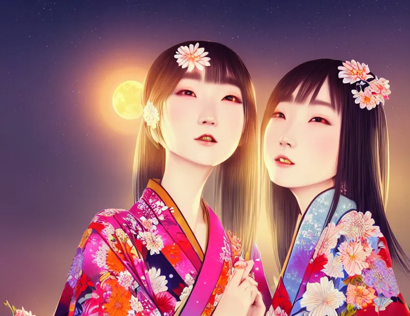 Image similar to two beautiful charming japan girls wear arty kimono in festival | | sunny night, full moon, dreamlike art, realistic shaded, smile, good looking, hyper details, 4 k realistic, cryengine, realistic shaded lighting poster by ilya kuvshinov, fuji choko, ross tran, 8 k resolution, trending on artstation, luxury