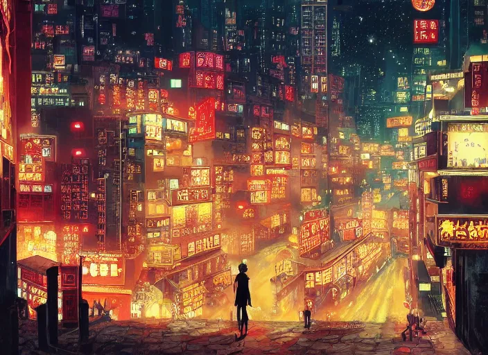 Image similar to anime illustration of 1 9 2 0 s hong kong at night lit by the stars, wispy smoke, highly detailed face, very intricate, symmetrical, cinematic lighting, award - winning, painted by wong kar - wai and mandy jurgens and peter doig, dystopian, bold colors, dark vibes, featured on artstation