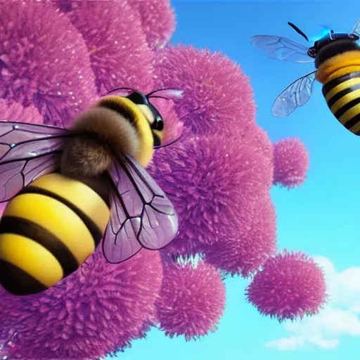 Image similar to large cute bee flying to crimson - black cute bee university, photorealistic, octane render, rtx, hdr, unreal engine, digital art widescreen 8 k, studio ghibli, disney, wlop